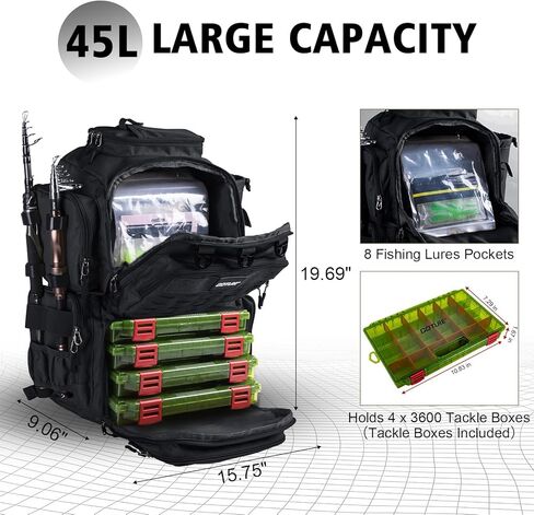 حقيبة ظهر لصيد الأسماك مع 4 صناديق معالجة، حقيبة ظهر لصيد الأسماك مع حاملات للقضيب، حقيبة صيد كبيرة 600D لتخزين معدات صيد الأسماك، حقيبة معالجة مقاومة للماء مع غطاء مطر للتخييم والمشي لمسافات طويلة in Kuwait