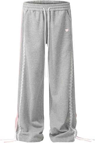 Aelfric Eden Lace Stripe Patchwork Sweatpants Casual Baggy Pant for Women Wide Leg Elastic Drawstring Trousers in Saudi Arabia