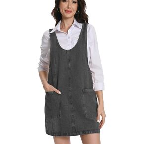 Women Denim Overall Dress Jean Jumper Dress High Roller Skirtall Mini Vintage Casual Romper with Pockets
