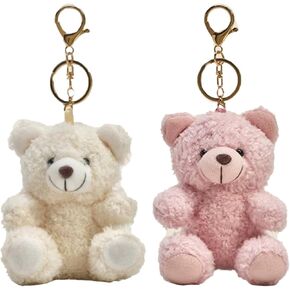 2Pcs Bear Keychain, Soft Plush Pendant with Key Ring, 2Pcs Charms for Rubber Beach Bag, Valentine's Gift for Women Teen Purse Backpack Handbag, Pink White