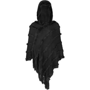 Casual Hooded Sweater Poncho Lightweight Cape Shawl Wrap V Neck Tassel Fringed Pullover Cape for Spring Fall