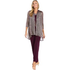R&M Richards 3PC Pantsuit W/Mitered Stripe Metallic Duster & Detachable Necklace