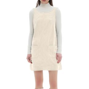 hibshaby Women's Corduroy Overall Dress Round Neck Pinafore Wide Strap Mini Dress with Pockets