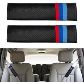 2Pcs Tri-Color 3 Color Sport Seat Belt Cover Shoulder Pad Carbon Fibre Leather Car Seat Belt Pads Safety Belt Shoulder Protector Accessories Compatible with BMW Car. (Blue, Red)