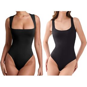 REORIA Womens Summer Sexy Sleeveless Square Neck Bodysuits