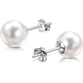 Women's 925 Sterling Silver, Plated 14K (White) Gold Pearl Earrings 8mm Shaped Button or Sphere