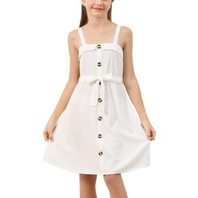 GORLYA Girls Front Button Down Summer Sundress Casual A-Line Spaghetti Strap Belted Midi Dress 6-14Y