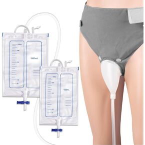 Wearable Urine Collector Kit with Reusable Silicone Capsule 1000ml and 2000ml Urinary Drainage Bags 1.2M Catheter Tube and Breathable Cotton Fixing Pants, Elderly Men Grey