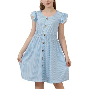 GORLYA Girls Flutter Sleeve A-Line Button Down Summer Striped Casual Midi Dress for 6-14Y Kids