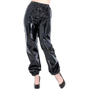 High Waisted Elastic Waistband Pants for Women Plus Size Casual Solid PU Faux Leather Elastic Loose Jogging Pants