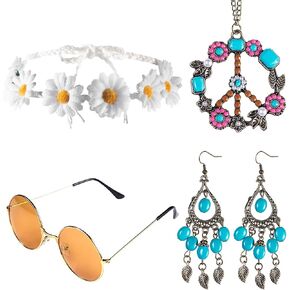 Hippie Costume Accessory Set Include Sunglasses, Headband, Peace Sign Necklace and Earring 60s 70s Outfits for Women Men Family Friends Gifts Hippie Party Decorations