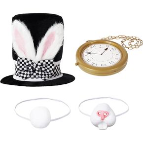 Adult White Rabbit Costume Set – Hat, Clock Necklace, Bunny Tail & Nose – 4-Piece Easter or Wonderland-Themed Accessory Kit