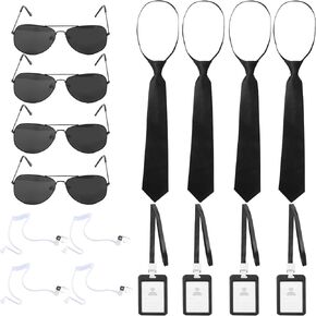 16 Pieces Agent Costume Accessories Secret Service Costume Accessories Earpiece Sunglasses Zipper Ties ID Card for Men Boys Halloween