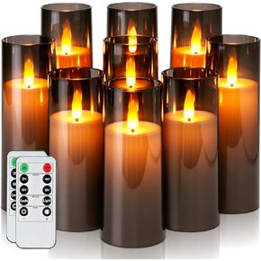 شموع Homemory الزخرفية بدون طيور ، شموع تديرها البطارية مع شموع عمود عادية ومؤقت ، شموع LED ، زجاجي ، رمادي ، حزمة 9 ، D2.2 XH 5 "6" 7 "