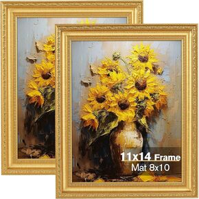 11x14 Gold Picture Frame Set من 2 ، مزخرفة عتيقة 11x 14 إطار صورة لديكور الجدار أو شاشة الطاولة ، 11 × 14 إطارات ذهبية مع زجاج حقيقي ، عرض 8x10 صور مع حصيرة أو 11x14 دون حصيرة Déco
