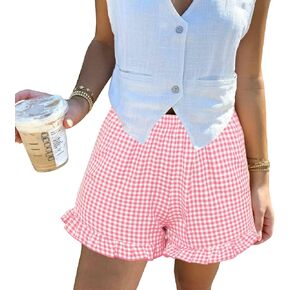Aoulaydo Boxer Shorts 2025 Summer Gingham Pajama Shorts Casual Lounge Y2K Lace Trim Beach Bottoms