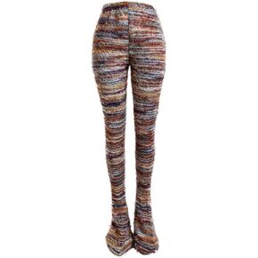 XZLUFNY Women's Stacked Fuzzy Pants High Waisted Striped Knit Sweatpnts Leggings