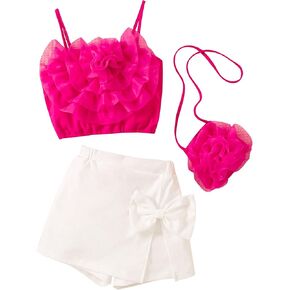 Makemechic Girl's 2 قطعة 3D Floral Shirred Cami Top and Bow Knot Shorts مع حقيبة