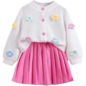Girl's 2 Piece Outfits 3D Floral Button Up Cardigan Sweater and Pleated Skirts Set