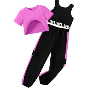Hilinker Girl's Graphic 3 Piece Outfits Short Sleeve Crop Top Letter Tank and Sweatpants Set