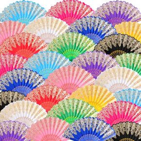 Geetery 100 Pcs Folding Hand Fan for Line Dancing Colorful Spanish Silk Sequin Fabric Popping Fans for Line Dancing Clapping Fans Bulk Boots on The Ground Fan for Women(Vivid Color,Lace Pattern)