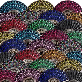 Geetery 100 Pcs Folding Hand Fan for Line Dancing Colorful Spanish Silk Sequin Fabric Popping Fans for Line Dancing Clapping Fans Bulk Boots on The Ground Fan for Women(Vivid Color,Lace Pattern) in Kuwait