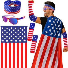 American Flag Costume Set – 4 PCS Patriotic 4th of July Outfit with USA Cape (59"x35.4"), Headband, Blue Lens Sunglasses & Sleeves – Independence Day Accessories for Men & Women (Adult)