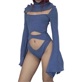 Wdirara Women's Cut Out Bodysuit Square Neck Long Bell Sleeve Suits مع وشاح