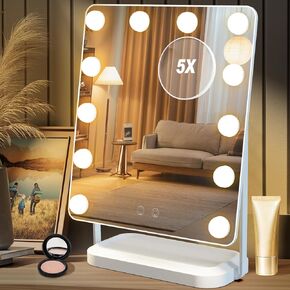 BanBers Hollywood Vanity Mirrors with Lights 13" x 15" Lighted Makeup Mirror 12 LED Bulbs, Touch Control Led Mirror 3 Colors Light, 360 Degree Rotation Facial Mirror for Bedroom,Tabletop