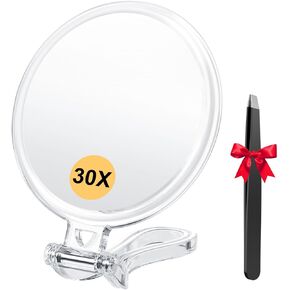 1X/30X Magnifying Mirror for Travel with Handle, Double Sided Hand Mirror with 1X/30X Magnification and Tweezers, Foldable Portable Handheld Magnifying Mirror for Makeup, Shaving, Travel