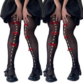 2 Pairs Red Bow Stockings for Women, Cute Black Lace Tights for Girls Valentine¡¯s Day, Honey Moon, Dating, Lingerie Party and Cosplay Party One Size Fit All