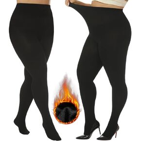 Plus Size Fleece Lined Tights, 200D Black Winter Warm Opaque Thermal Tights for Women