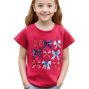 Kids Toddler Little Girls 4th of July T-Shirt Coquette Red White & Blue Patriotic Bows Retro American Flag Top