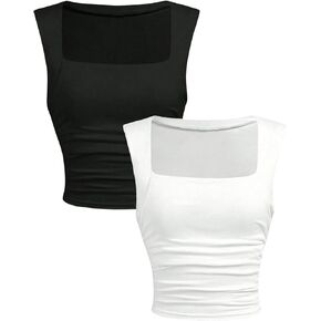 Soly Hux Girl's 2 قطعة من الخزان العلوي Ruched Square Neckless Fit Slim Fit Out Out Tops