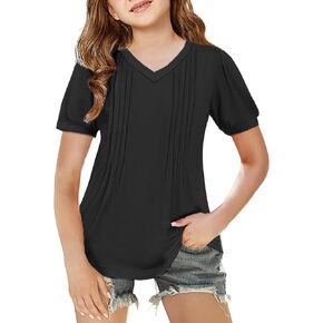 Arshiner Girls Puff Short Sleeve Shirts Pleated Tunic Top Casual V Neck Summer Kids Blouse Tee