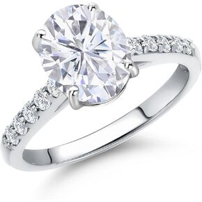 Gem Stone King 10K White Gold White Moissanite and Lab Grown Diamond Engagement Ring For Women | 2.30 Cttw | Oval 9X7MM | Gemstone Birthstone | Available in Size 5,6,7,8,9