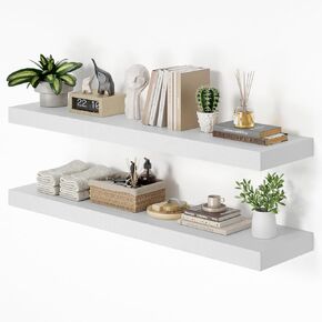 48W x 12D Long Floating Shelf, 12 Inch Deep White Floating Shelves for Wall Set of 2, Wood Shelves for Bedroom Living Room Bathroom Kitchen Home Office, Wall Shelves with Heavy Duty Bracket