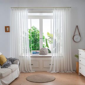 Faux White Linen Sheer Curtains 90 Inches Long 2 Panels Pinch Pleat Curtains with Hooks, 54 Inches Width, Semi-Transparent Hook Curtains, Suitable for Bedroom and Living Room