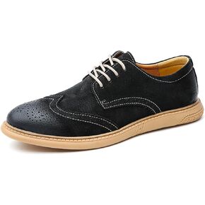 Men's Retro Leather Oxford Dress Shoes - Wingtip Brogue Derby with Round Toe Low Heel Lace-Up Design for Business Formal & Casual Wear - Comfortable & Stylish