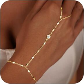 Gold Bracelets for Women Trendy, Dainty Gold Hand Chain Bracelets Stackable 14k Gold Plated Finger Ring Bracelet Hand Chain Cz Flower Layered Link Bracelets for Women Non Tarnish Jewelry Gifts