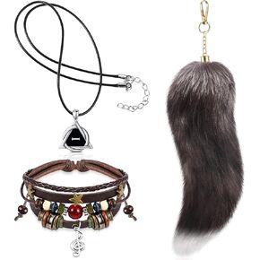 JaGely 3 Pcs Therian Grunge Accessories for Women Pride Symbol Necklace Fairycore Bracelets Fluffy Tail Keychain Cosplay Gift