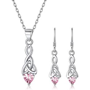 ChicSilver 925 Sterling Silver Celtic Knot Birthstone Jewelry Set, Sparkling Heart Birthstone Dangle Hook Earrings and Birthstone Necklace Set for Women