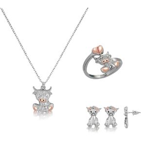 LiYiQ 3 Pcs Highland Cow Necklace, Earrings and Ring - Cute Scotland Cow Gift Set - Western Jewelry Gifts for Women, Girls and Lovers
