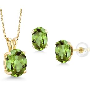 Gem Stone King 14K Yellow Gold Green Peridot Pendant and Earrings Jewelry Set For Women (5.64 Cttw, Oval 10X8MM and 8X6MM, Gemstone Birthstone, with 18 Inch Chain)