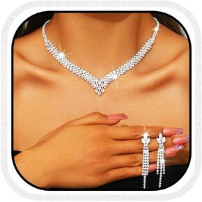 Aukmla Bridal Jewelry Set Silver Rhinestones Bride Wedding Necklace Earring Sets Prom Necklaces for Women