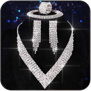 Aukmla Bridal Wedding Jewelry Set Silver Rhinestones Bride Wedding Necklace Earring Bracelet Ring Sets Prom Necklaces for Women