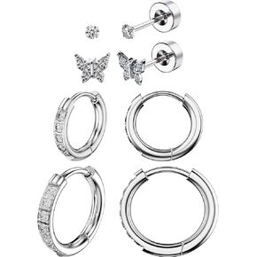 Hypoallergenic Stud Earrings for Women, 316L Surgical Steel Flat Back Hoop & Cubic Zirconia Earrings Stud, Butterfly Small Huggie Hoop Earrings Set for Sensitive Ears