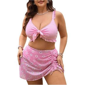 Makemechic Women's Plus Size 3 قطع بيكيني مجموعة ربطة عنق الشكاك الأمامية بدلة الاستحمام