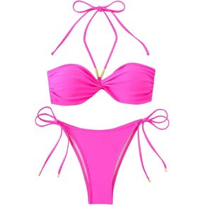 SHENHE Women's Sexy Bandeau Bikini Set Halter Neck Twist Front Bikini Tie Back String 2 Piece Swimsuit Set