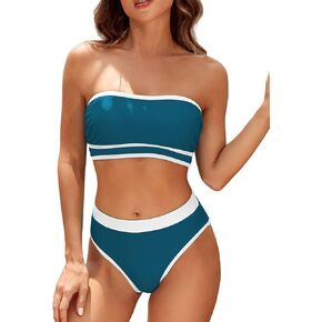 نساء Zafully بدون حمالات بلوك بلوك Bandeau Bikini عالية الخصر 2 قطعة من ملابس السباحة الدانتيل في الدعاوى الاستحمام